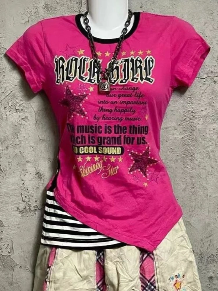

HOUZHOU Y2k Vintage Letter Print T-shirts Women Harajuku Gothic Striped Short Sleeve Tees American Retro Grunge Graphic T-shirt