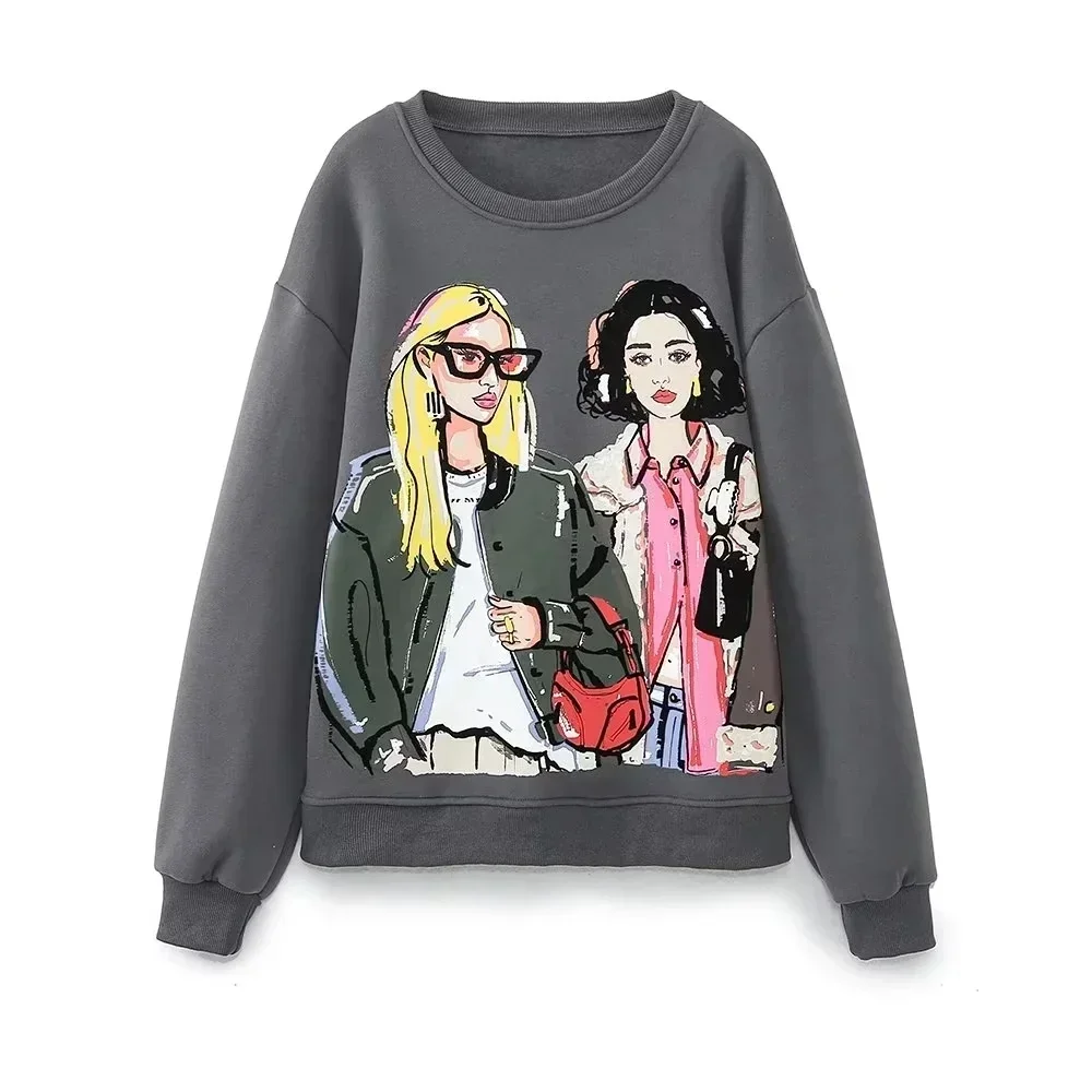 TRAF ZR Women Sweatshirts 2023 New Fashion Beauty Girls Print Casual Sweatshirts Female O Neck Hoodies Chic Pullovers Tops