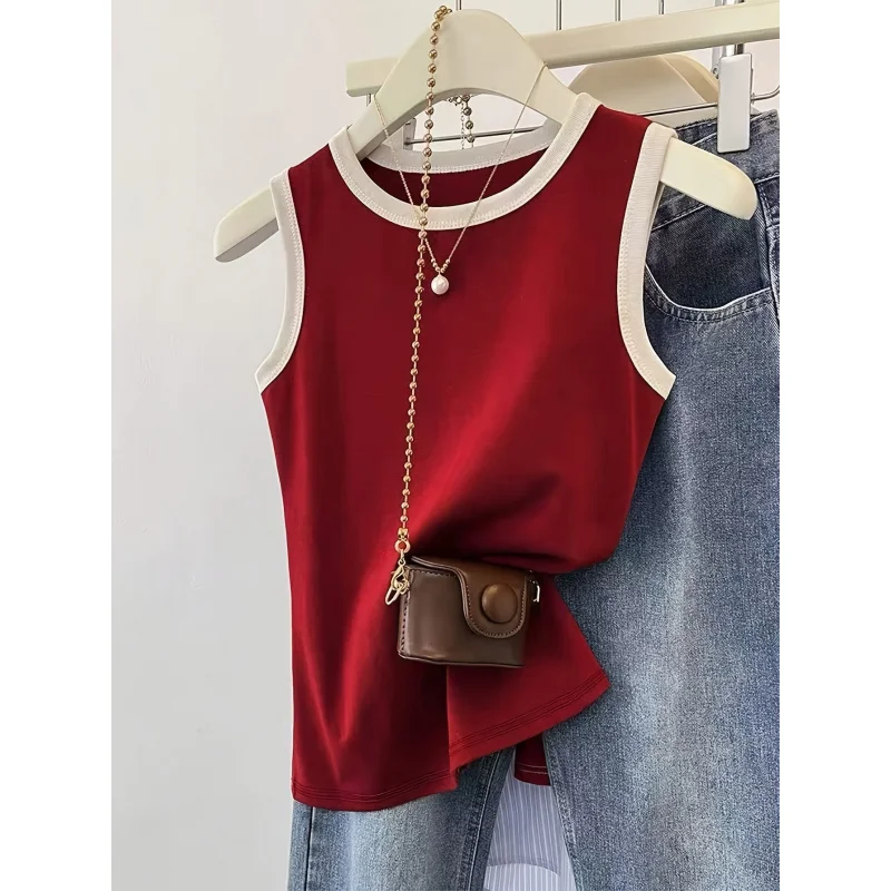 Women's Casual Color-Block Decorative Round Neck Vest, Suitable Summer Casual Attire