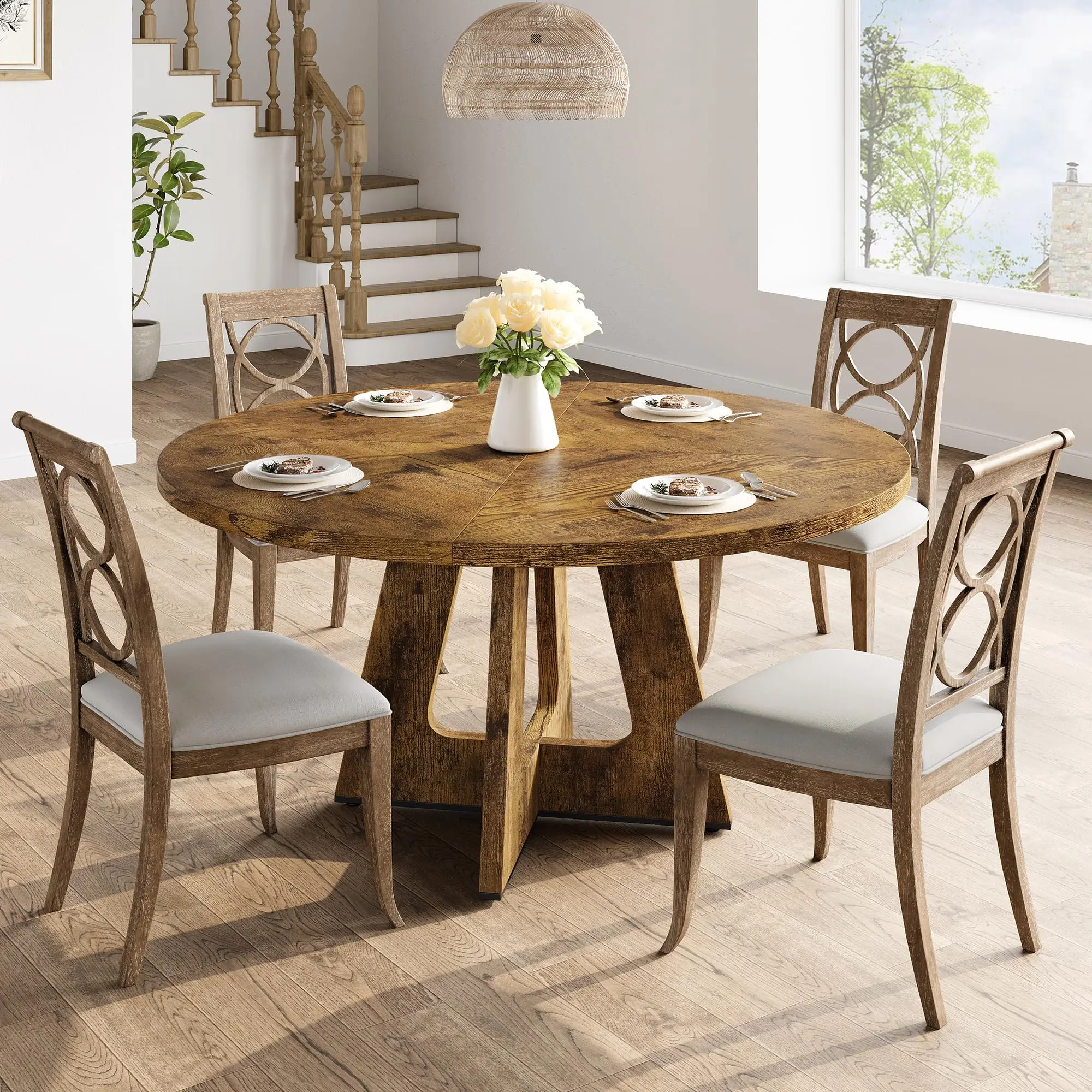 Mesa de comedor redonda de 120 cm para 4-6 personas, mesa de cocina de madera rústica, mesa de pedestal moderna y resistente para comedor