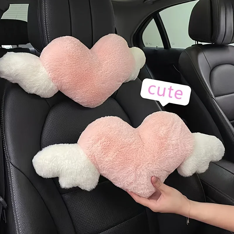 

2pcs Plush Heart Car Pillow with Angel Wings - Comfortable Neck Support for Seat - Fabric Interior Accessories for Car