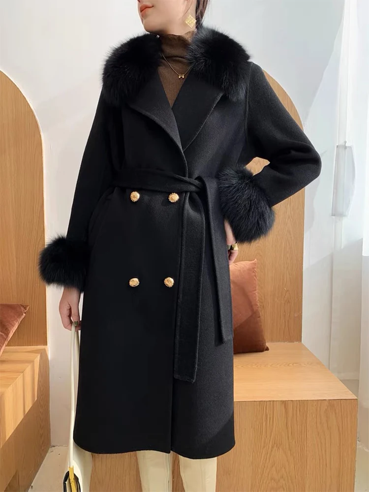 Hot Sale Female Classic Woolen Wool Fox Fur Collar and Cuff Decoration Women Winter Woolen Slim Belt Long Woolen Coat