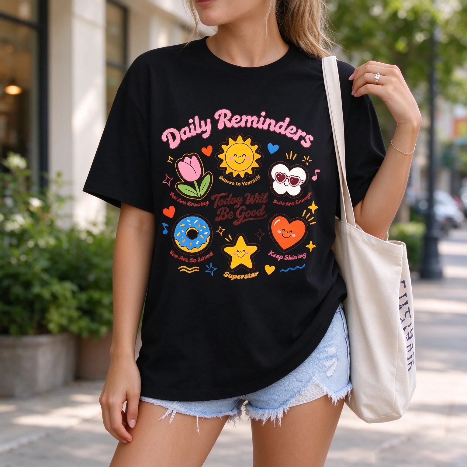Women Daily Reminders Mental Health Positive Affirmation Cute Sun Donut Heart Inspirational Graphic Short Sleeve T Shirt