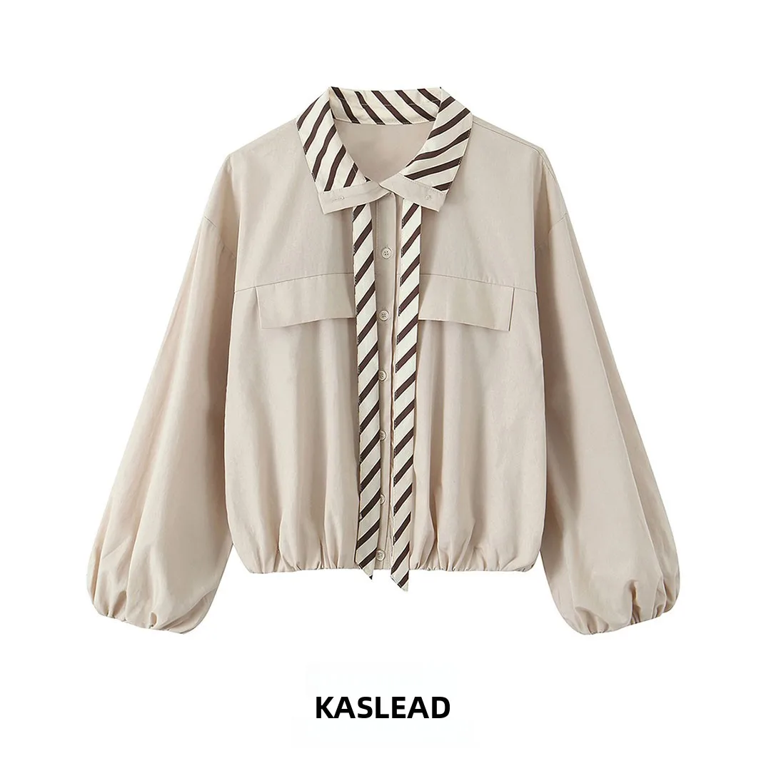 

KASLEAD New Faion Color Blo Silk irt Jaet Women's Premium Quali Long Sve Button up Striped Outerwear