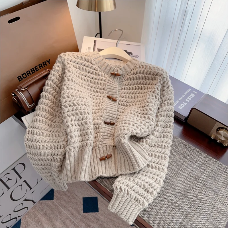 Thickening Brown Cardigan Cashmere Jacket Women\'s Clothing Knitting Sweater Round Neck Pullover Vintage Fashion Autumn Tops