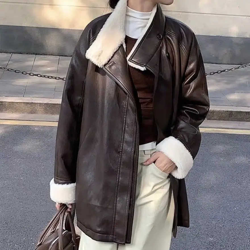 2026 Autumn/Winter New Women's Cotton Jacket Windproof Stand Up Collar Fake Leather Jacket