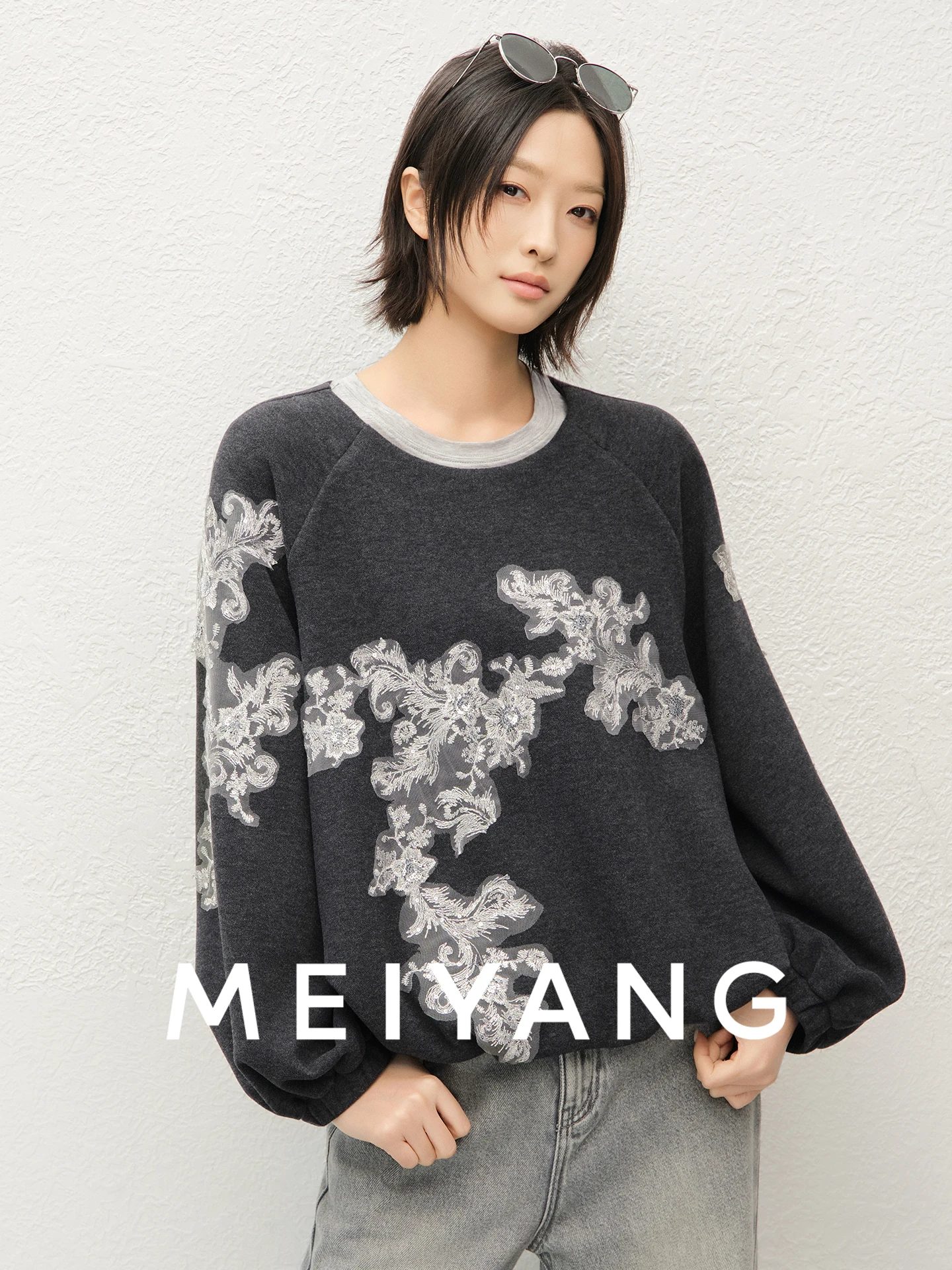 

MeiYang Embroidered Lace Hoodie round Ne Dstring Bloom Top Casual Loose Fit Long Sve Women's Sweatirt Spring 2026