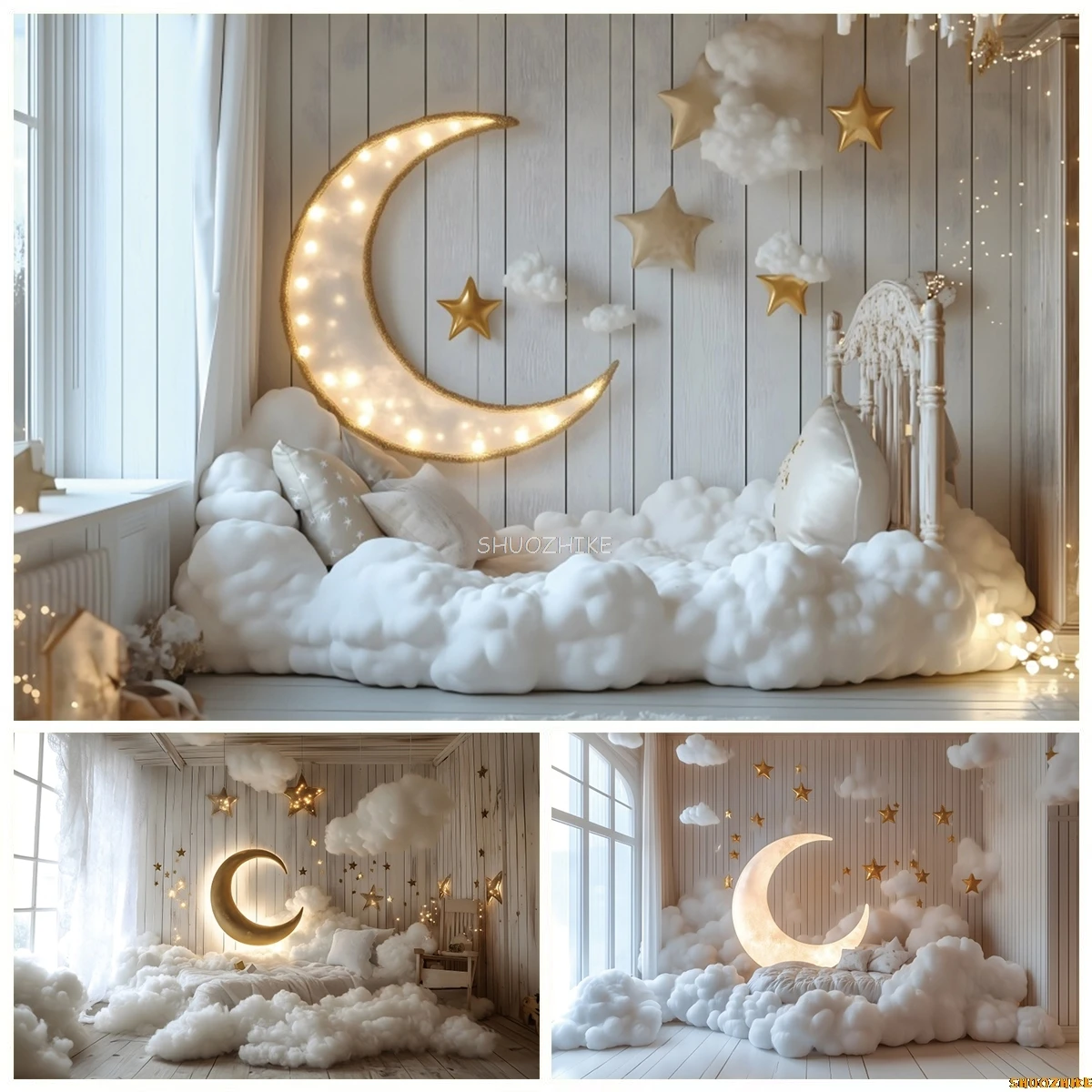 

Happy Birthday Photography Backdrop Moon Cloud Star Newborn Baby Shower Birthday Party Indoor Photo Background Cake Smash Decor