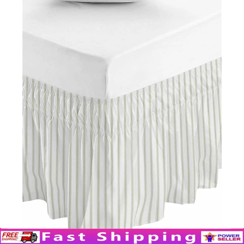 

Sage Green Striped Queen Bed Skirt Adjustable Elastic 18 Inch Drop Dust Ruffle Easy Installation Soft Polyester Microfiber