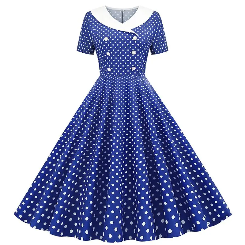 

Summer New plus Size Women's Slim Fit Polka Dot Print Maxi Dr Color Blo Double Button ort Sve Gown Swing Skirt