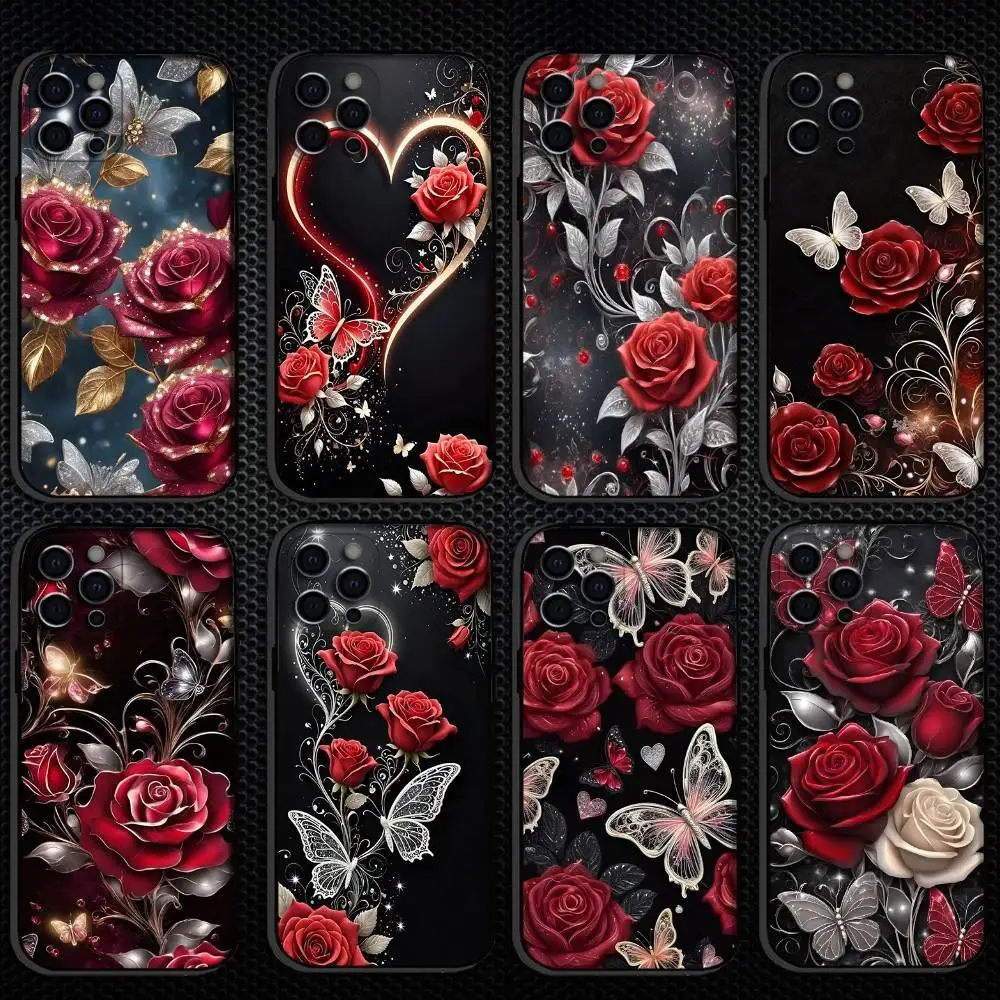 

Rose Phone Case For iPhone 16,15,14,13,12,11 Plus,Pro Max, Others Soft Black Cover