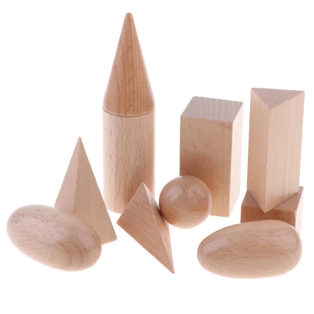 Conjunto de 10 brinquedos educativos montessori de matemática de sólidos geométricos de madeira para crianças