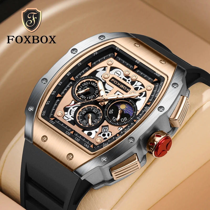 FOXBOX Luxury Men Watch Quartz Wristwatch Moon Phase Chronograph Waterproof Sport Silicone Strap Male Clock Relogio Masculino