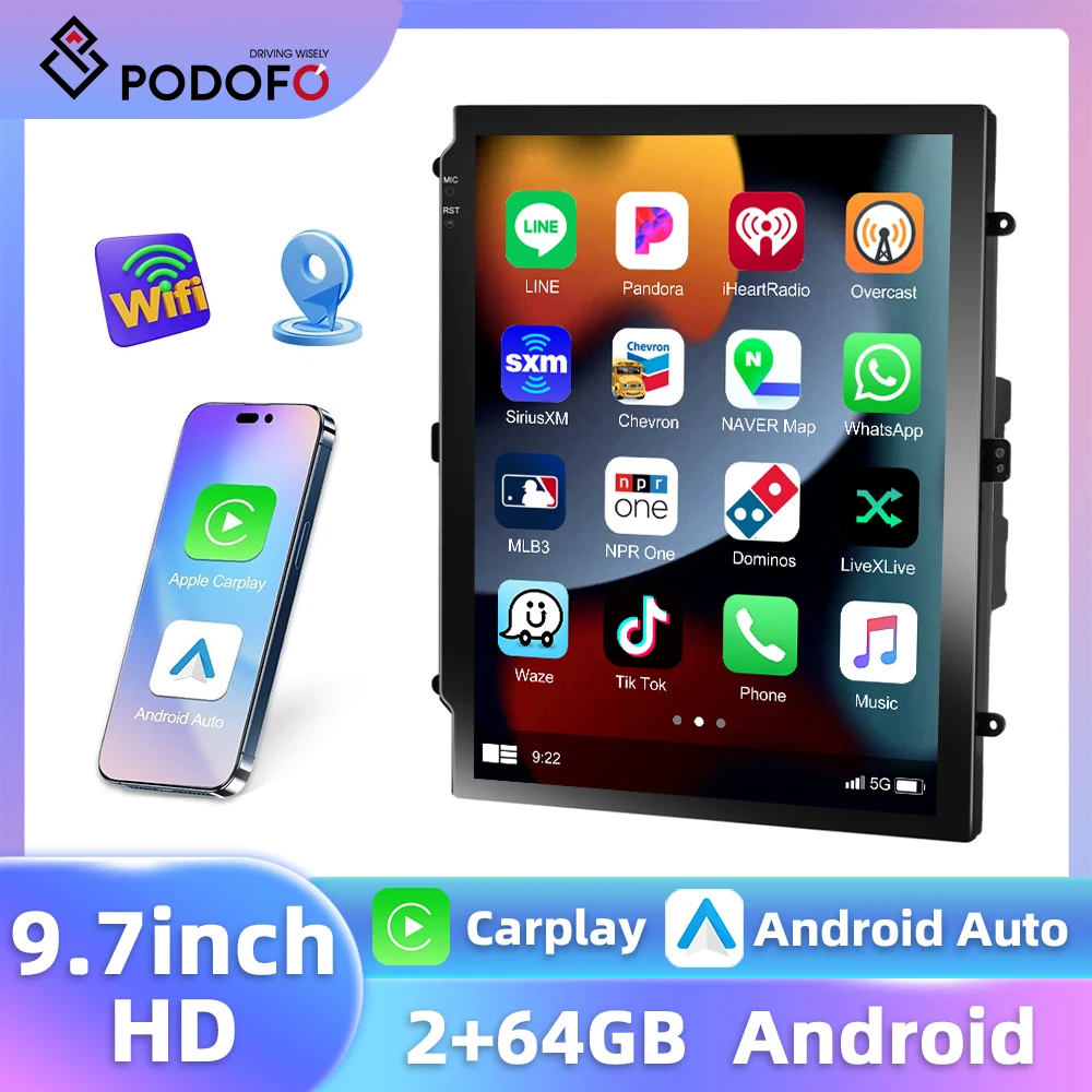 Podofo 9.7'' Touch Screen Car Radio 2Din Carplay Android Auto Multimedia Player 1080P WIFI Bluetooth GPS Navigation Car Stereo