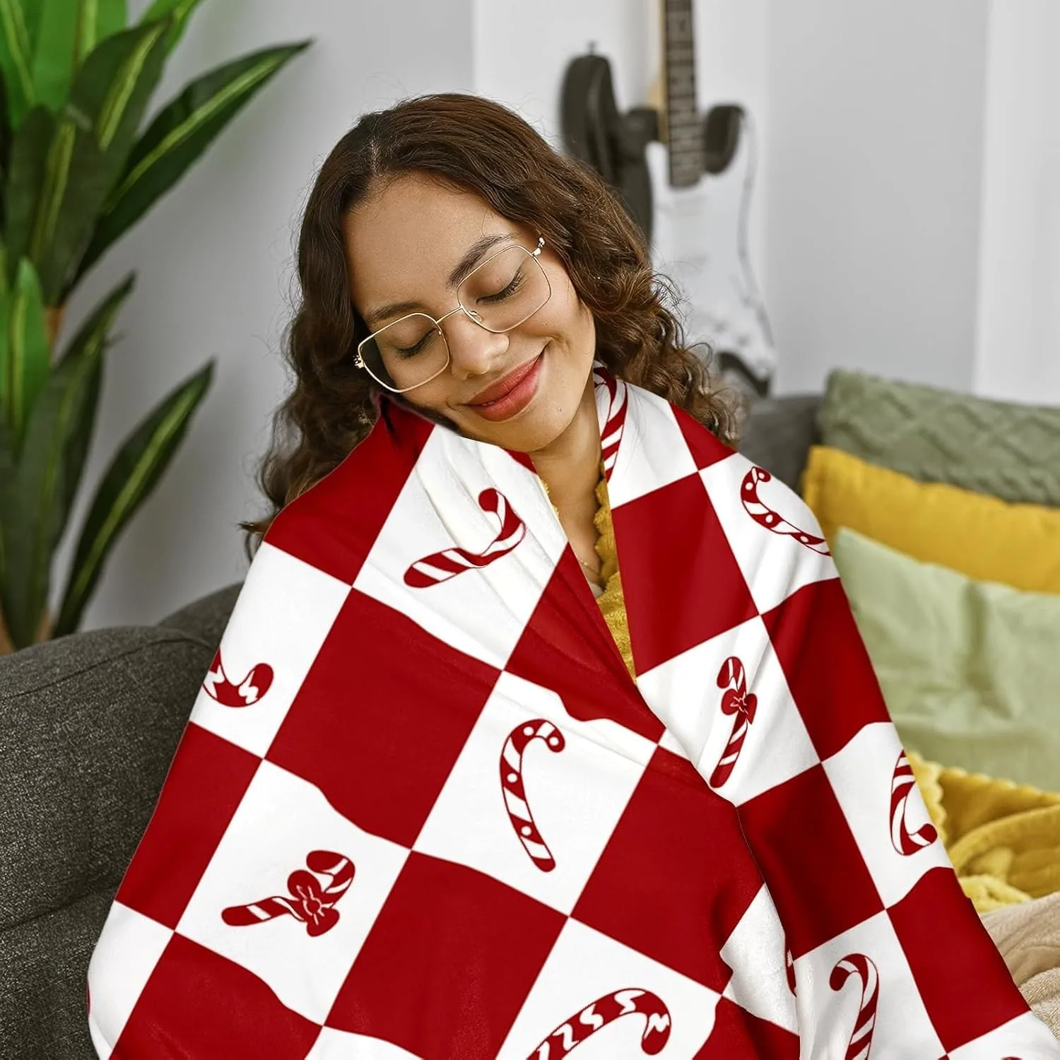 Red and White Plaid Pattern Candy Cane Christmas Throw Blanket Christmas Secret Santa Gift 50