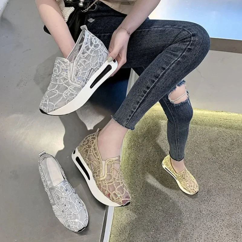 Women's sneaker 2024 Summer Mesh Breathable Sequin Shoes Wedges Fashion Casual Shoes Women Platform Increasing Heeled Sandals