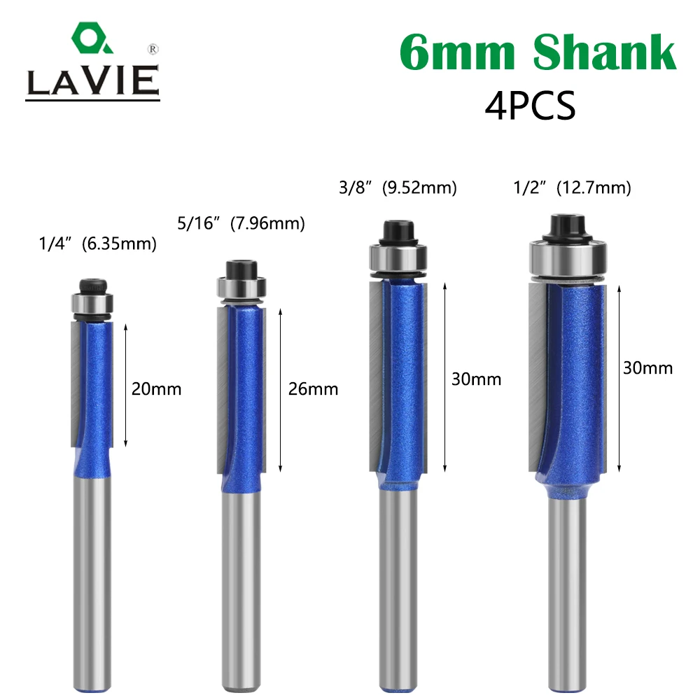 LAVIE 4pcs 6mm  Shank High-Quality Milling Cutter Flush Trim With Bearing Router Bit Set For Woodworking