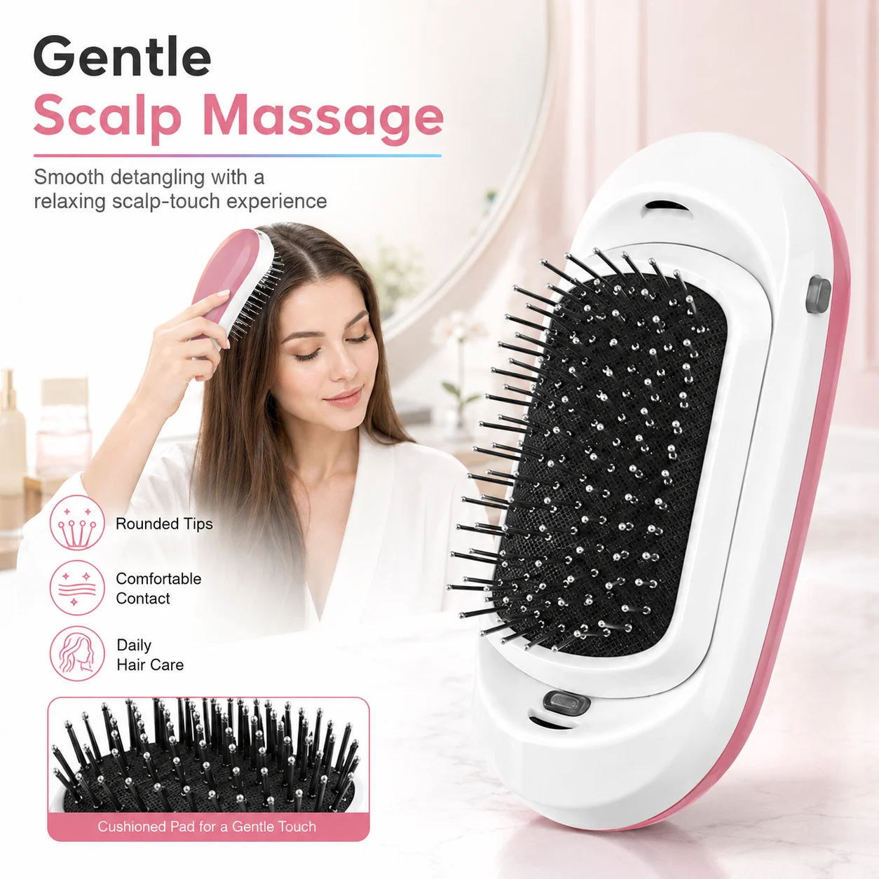 Portable Negative Ion Hairbrush – Smooth & Detangle, Gentle Scalp Massage, Travel Ready, Cordless Hair Care Tool view 3