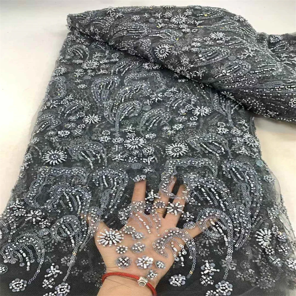 2025 Tessuto di pizzo di fascia alta fatto a mano con perline e paillettes Ricamo Abito da sposa in pizzo francese Tessuto di tulle africano di pizzo ricamato