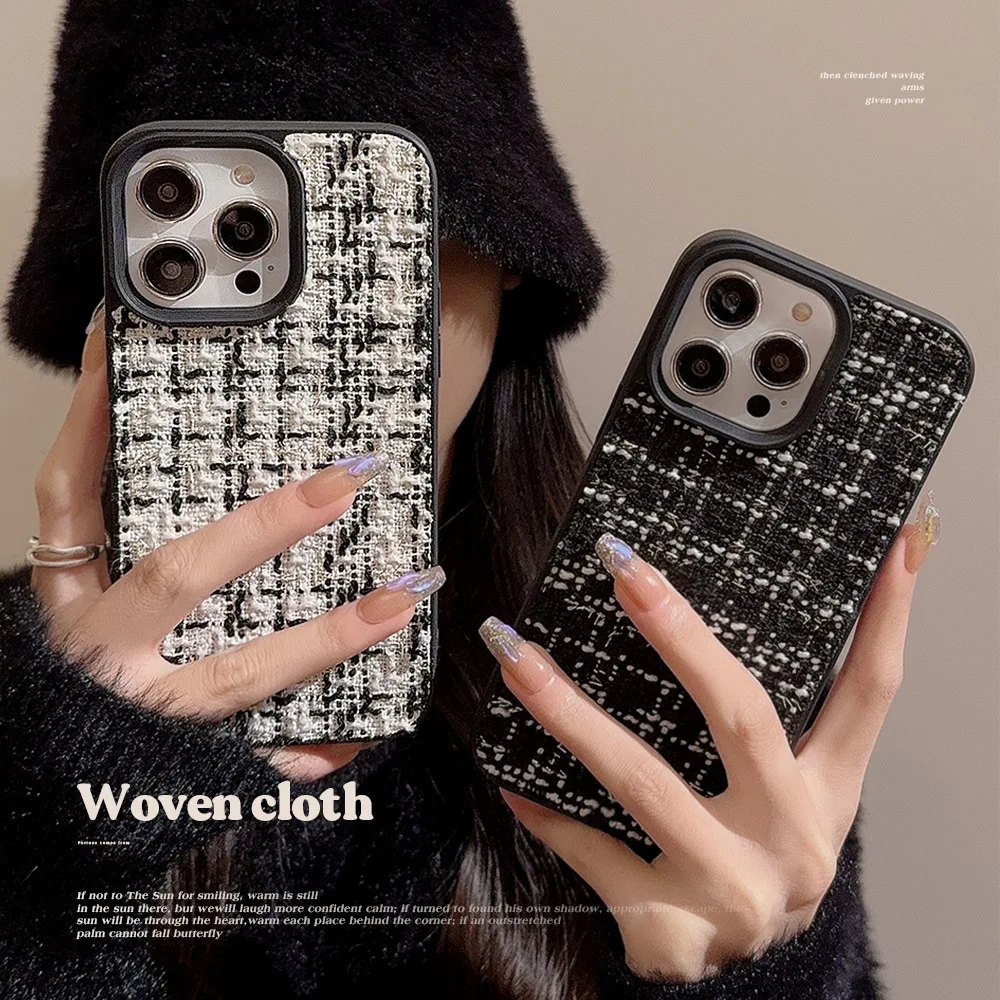 Luxuriöse Tweed-Karo-Stoff-Handyhülle mit gewebtem Muster für iPhone 17, Air 16, 15, 14, 13, 12, 11, Pro Max Plus, stoßfeste Stoßstange, harte Abdeckung