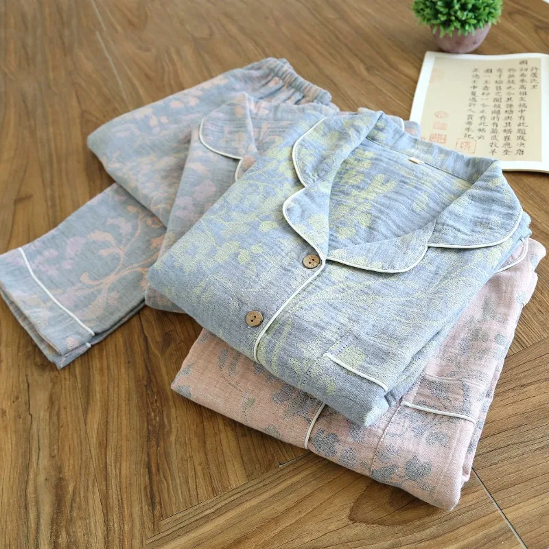 2026 New Spring And Autumn Women's Pajama Set 100% Cotton Color Knitted Double Layer Gauze Long Sleeve Cardigan Home Clothes