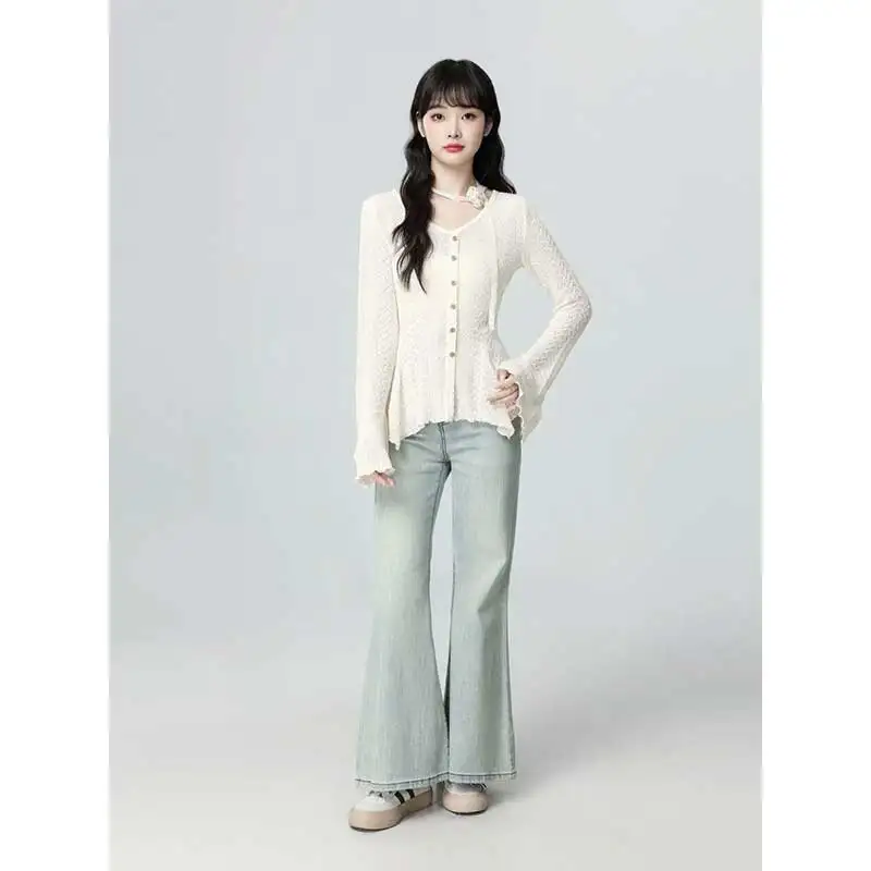 

Women Clothes Spring Autumn Fashion Casual Hollow Out Solid Color V-neck Ladies All-match Temperament Knitting Long Sleeve Tops