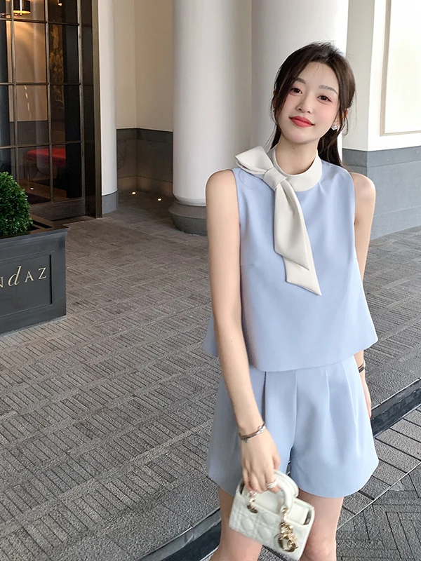 

Summer Knot Ne Two-Piece Set Color Blo ort Pants Ensemble Polyester Long Sve round Ne Top