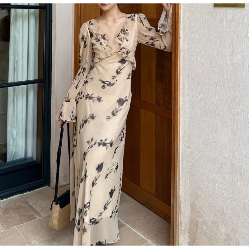 

2025 Fashion Waist-Enhancing Printed Dress, Early Autumn New Style Elegant Women's Long Dress