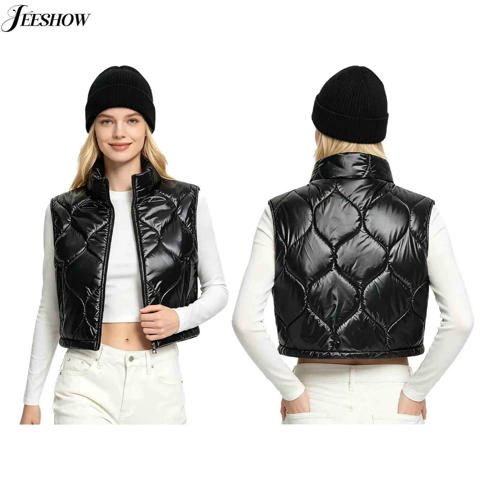 Women Quilted Puffer Cropped Vest Stand Collar Sleeveless Front Zipper Waistcoat Padded Warm Coat for Cycling Hiking