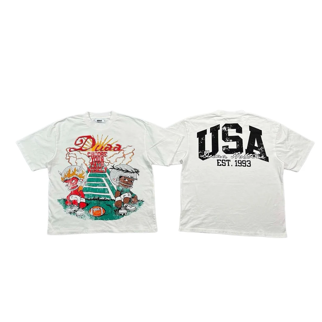 2026 DUAA USA American Football Contrast Between Good and Evil Printed Women Men T shirts tee Hiphop Oversize Men Casual T shirt