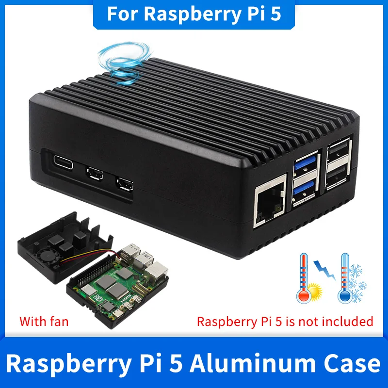 Raspberry Pi 5 Metal Shell Aluminium Alloy Case Built-In Cooling Fan Heatsink Pillars Active Passive Cooling Enclosure for RPi 5