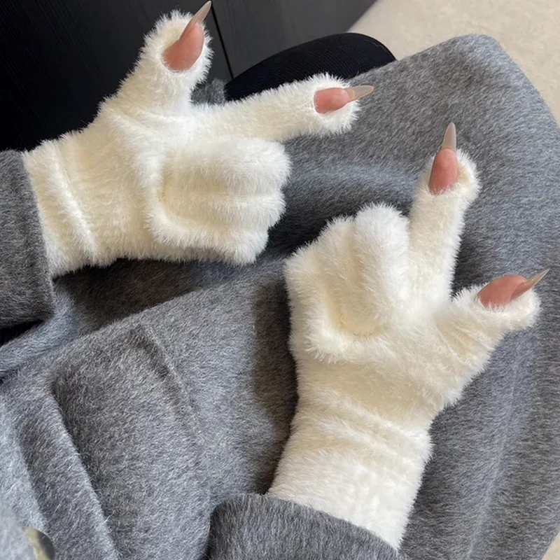 ผู้หญิงยาวแคชเมียร์หน้าจอสัมผัสถุงมือฤดูหนาว WARM ถุงมือยืดหยุ่นนุ่ม Full Finger Mittens Plush Faux FUR ถักถุงมือ