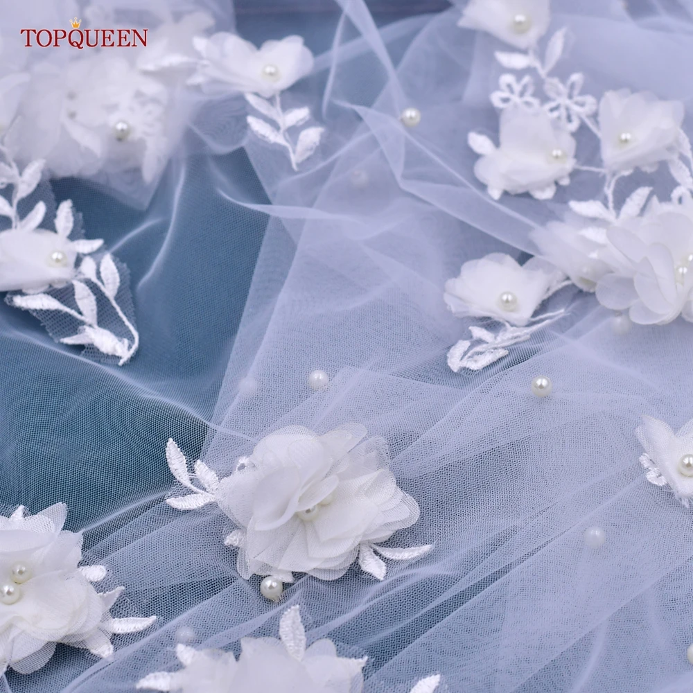 TOPQUEEN V52 Flowers Wedding Veil with Pearls Elegant Bridal Veils Long Train Bridal Shower Veu of Bride 3 Meter  Veu de Noiva