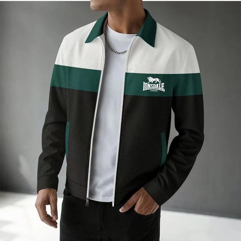 Новая мужская осенняя куртка-кардиган LONSDALE 22026 с вафельным узором, цветовыми блоками, карманами на молнии и отложным воротником, приталенного кроя