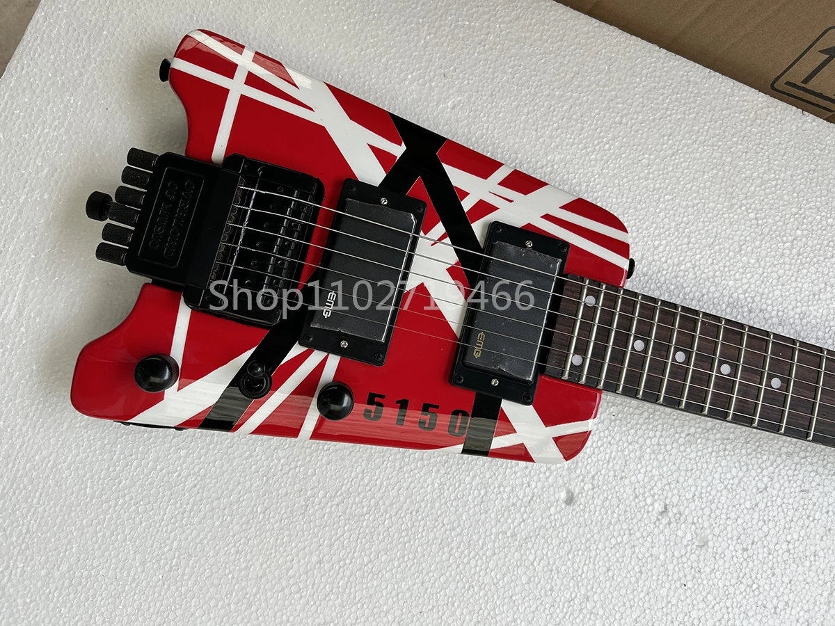 Factory Headless 6 Strings Electric Guitar Red White Strips Rosewood Fretboard Customizable