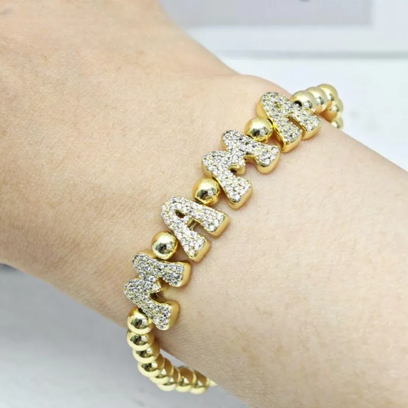 Custom Zircon Name Bracelet 3D Bubble Letter Golden beads Bracelet Name Pendant 26 Initial Letter Jewelry for Her Gift For Mom