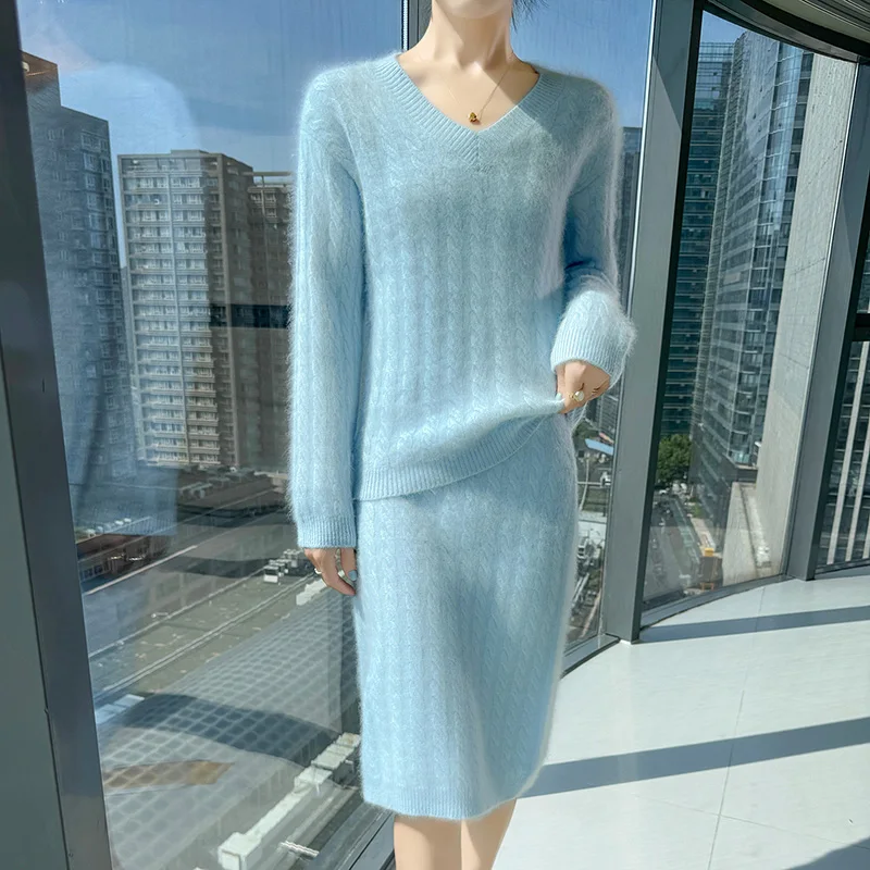 冬のミンクウールセータースカートツーピースレディースラウンドネックツイスト長袖セータースカートルーズカシミヤセータースーツ