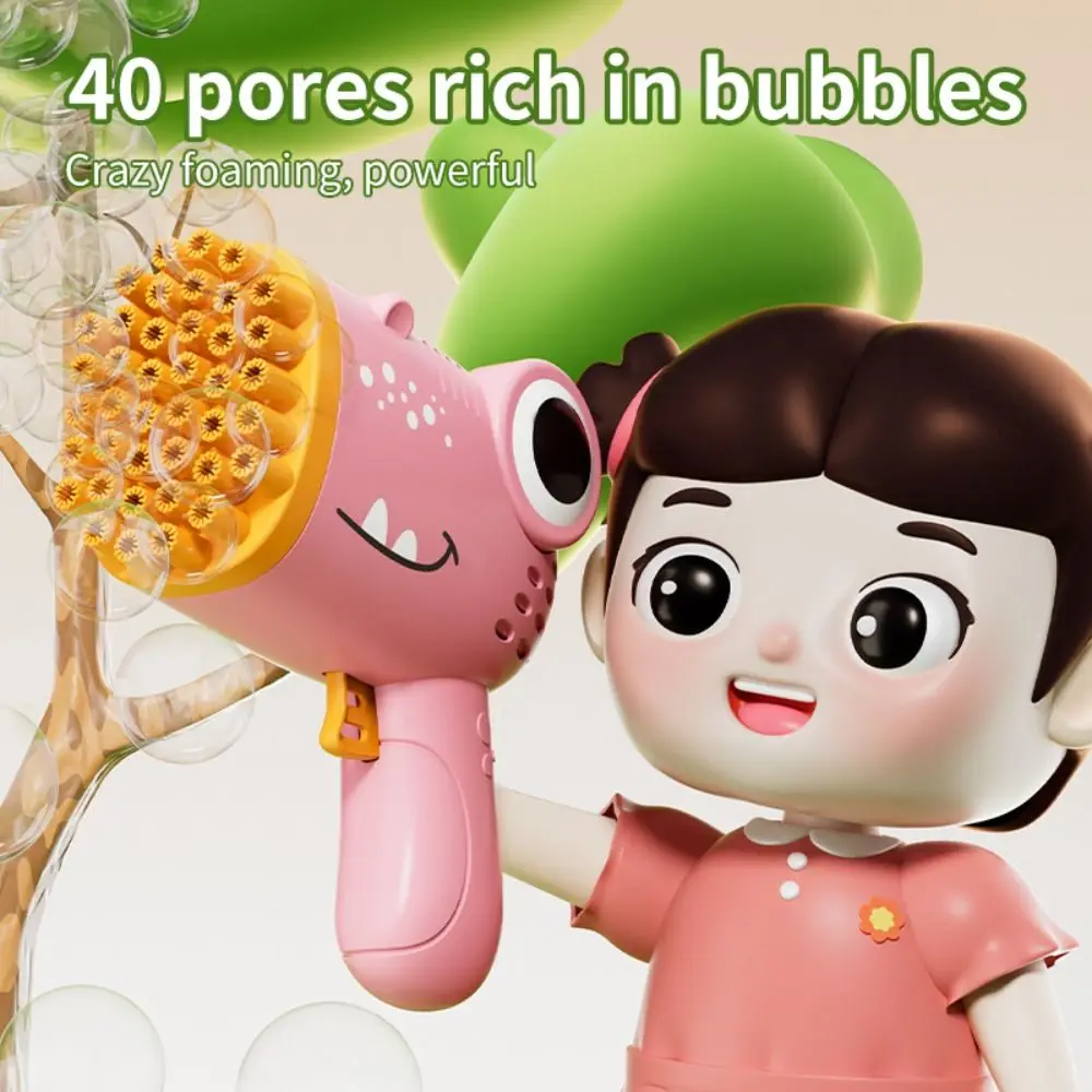 Macchina per bolle di dinosauro a 40 fori in plastica con 1 soffiatore per bolle di bolle liquide Maniglia antiscivolo a tenuta stagna