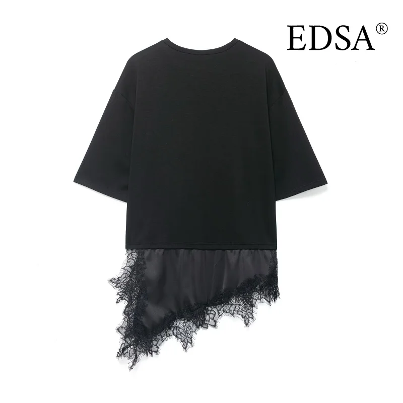 EDSA المرأة الساتان الدانتيل المرقعة تي شيرت نمط فستان قصير قصير الأكمام س الرقبة الصيف بلون Y2K الشارع الشهير #3