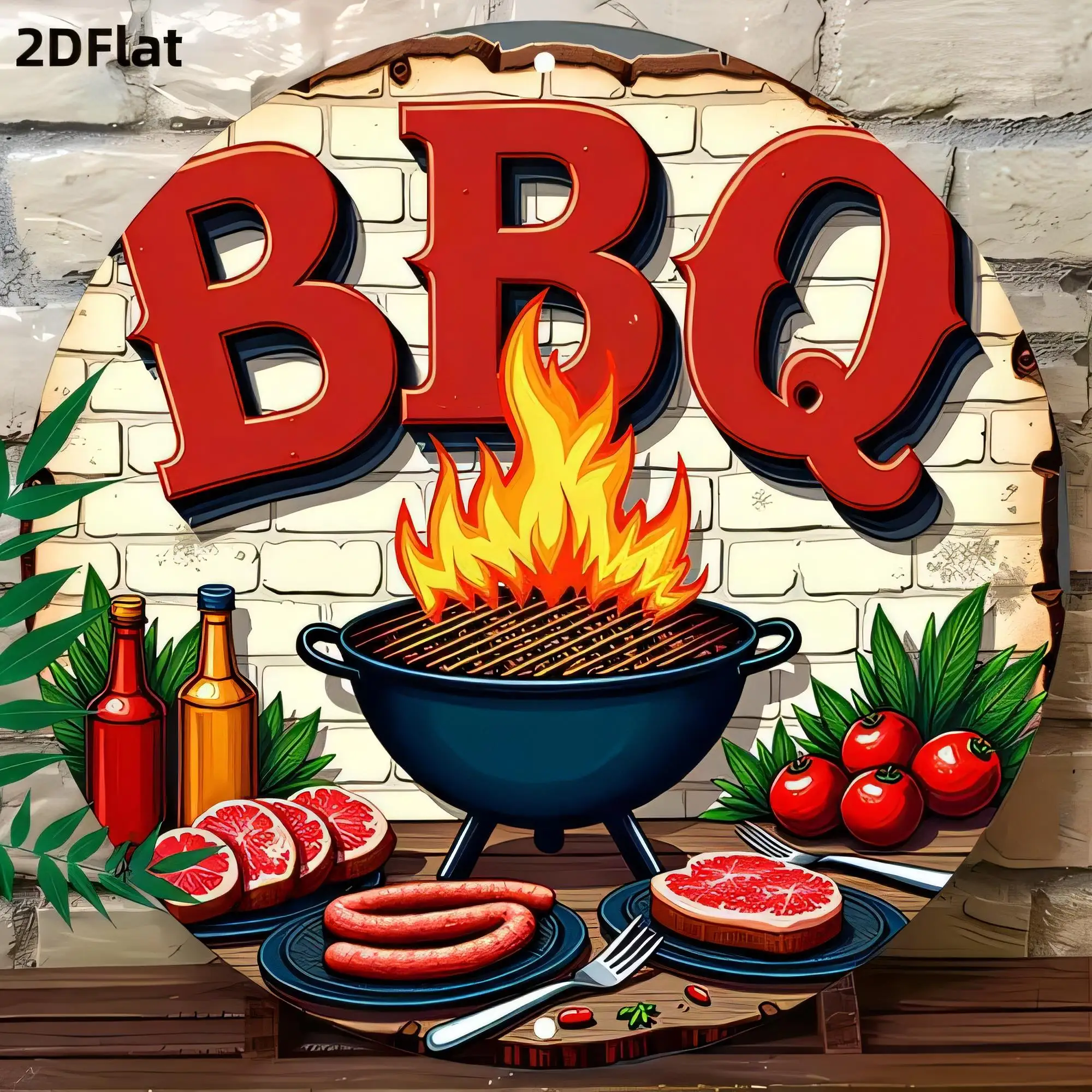Tin Sign BBQ Burger Flames Meat Grill Outdoor Kitchen Wall Decor Vintage Style   Retro Metal Plaque for Barbecue Party Restauran