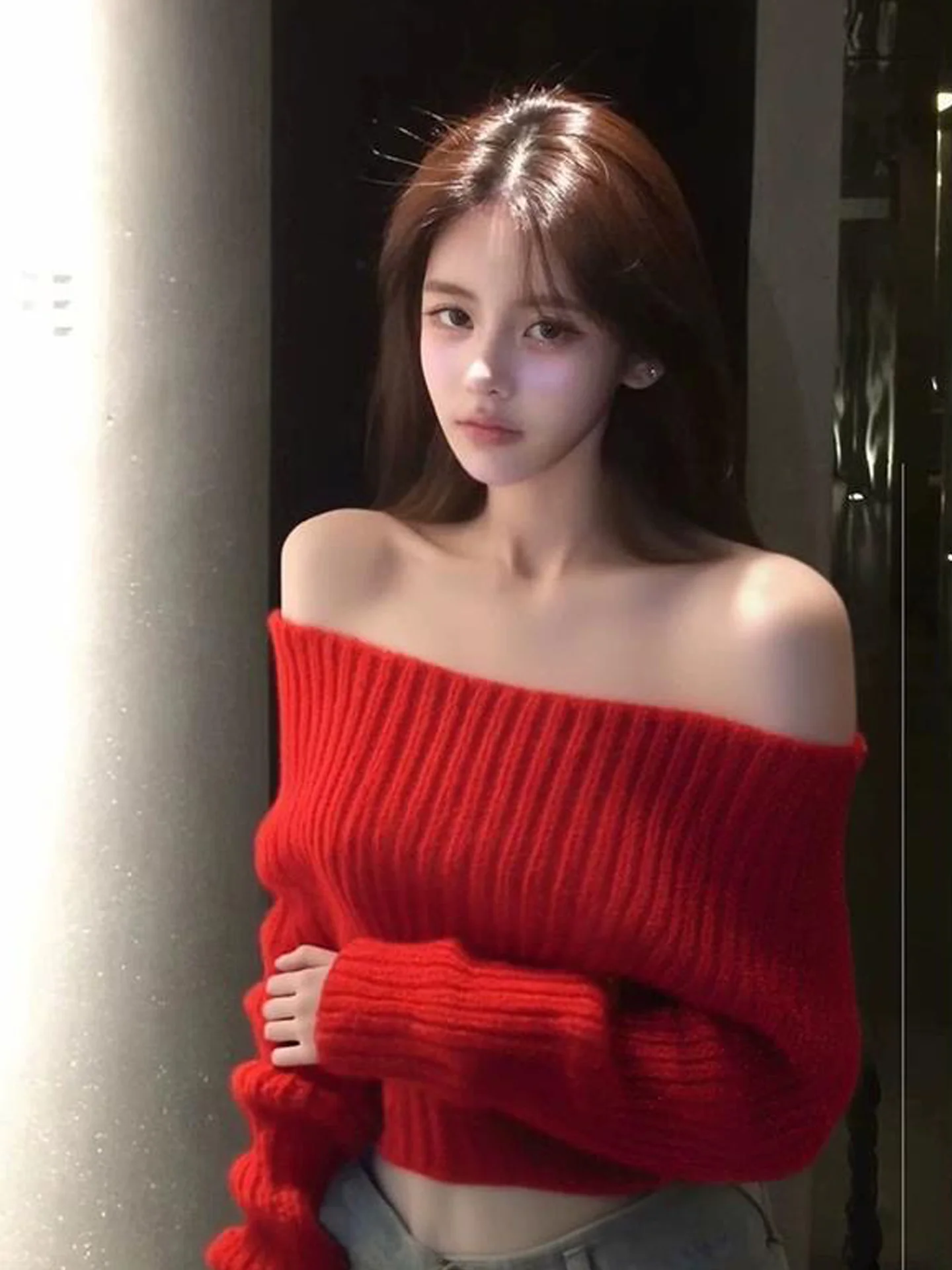 

Red Knitted Long Sve One-oulder Sweater Women's Loose Sle Comfortable Slimming Top Korean Pure Desire Lazy Aosphere