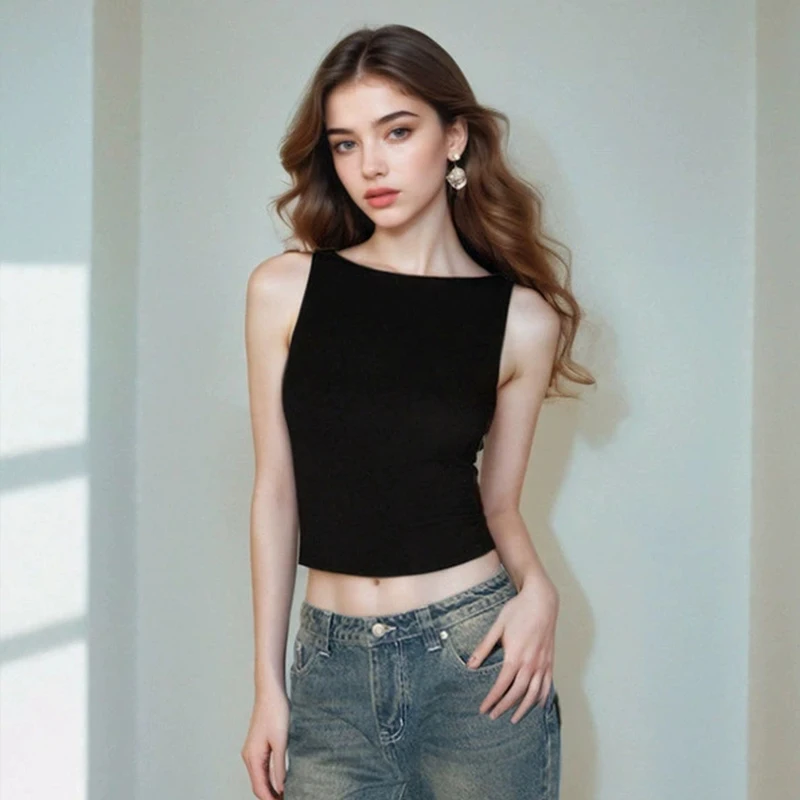 Summer women's boat neck slim fit vest, street solid color cotton vest top new style
