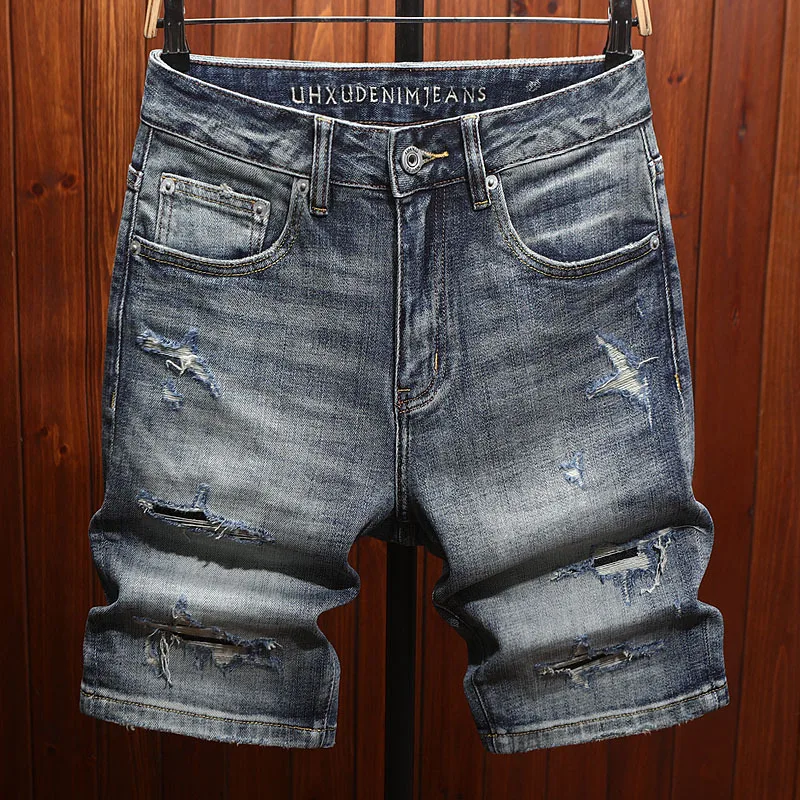 

Summer denim shorts, men's ripped patches, scraped retro street trend, fashionable and nostalgic five quarter pants