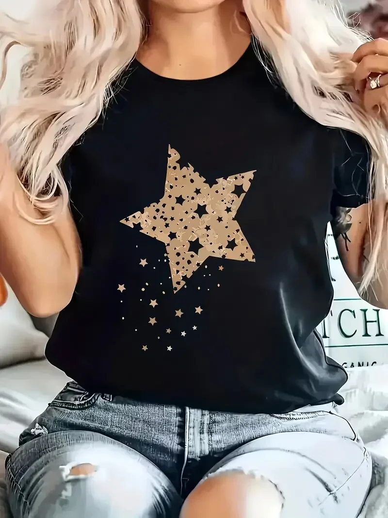 

Shiny Stars Printed Women's T-shirt Short sleeved O-neck Loose Women's T-shirt Women's T-shirt Top Fashion Summer Women's Tshirt