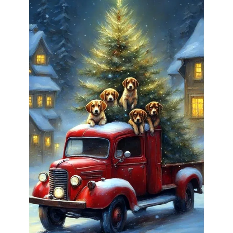 Christmas Puppies Red Truck Scenic 5D Diamond Painting Rhinestone Embroidery DIY Cross Stitch Kit Winter Snow Home Decor Gift