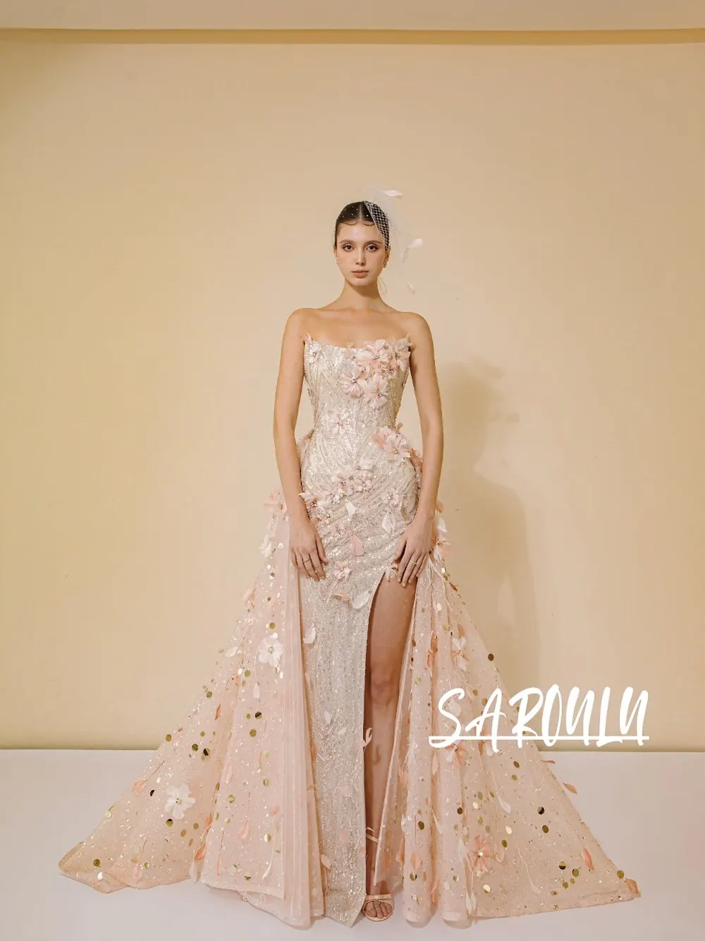 

Blush Pink 2-in-1 Evening Dress Strapless Mermaid High Slit 3D Floral Feather Beaded Formal Prom Gown Customized High-end Fairy