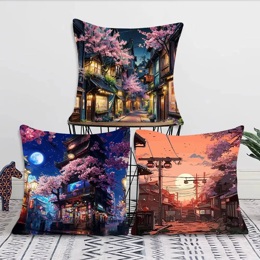 Japanese Street Scenery Sakura Architecture Pillow Case Fashion Square Pillowcase Bedroom Sofa Room Ins Decoration Leisure