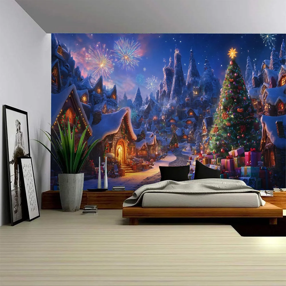 

Christmas Snow Tapestry Santa Gifts Fireplace Christmas Tree Elk Wall Hanging Room Bedroom Dormitory Home Decoration