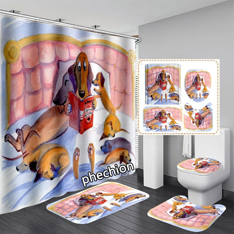 phechion New 3D Print Dachshund Shower Curtain Waterproof Bathroom Curtain Anti-slip Bath Mat Set Toilet Rugs VR242