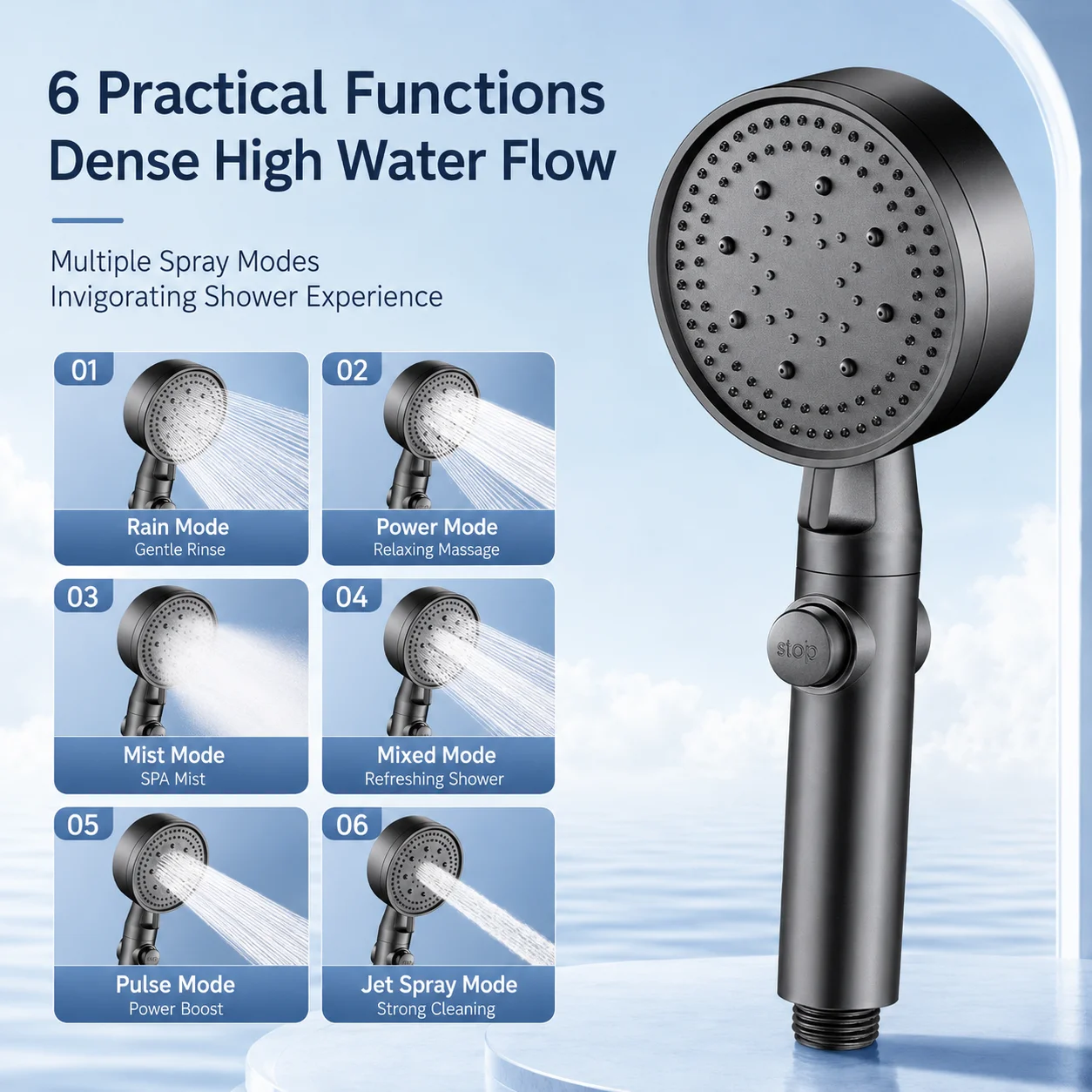 High Pressure Shower Head Handheld Large Panel Rainfall Showerhead with One-Key Stop Water Saving for Bathroom Accessories view 4